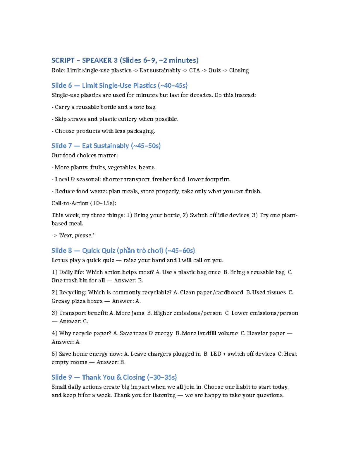 ENV 101: Speaker 3 Environmental Presentation Script & Quiz - Studocu