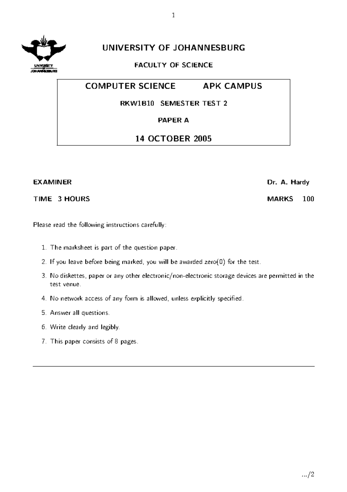 CSC1B10 SEMESTER TEST 2 - C++ Programming Solutions (2005) - Studocu
