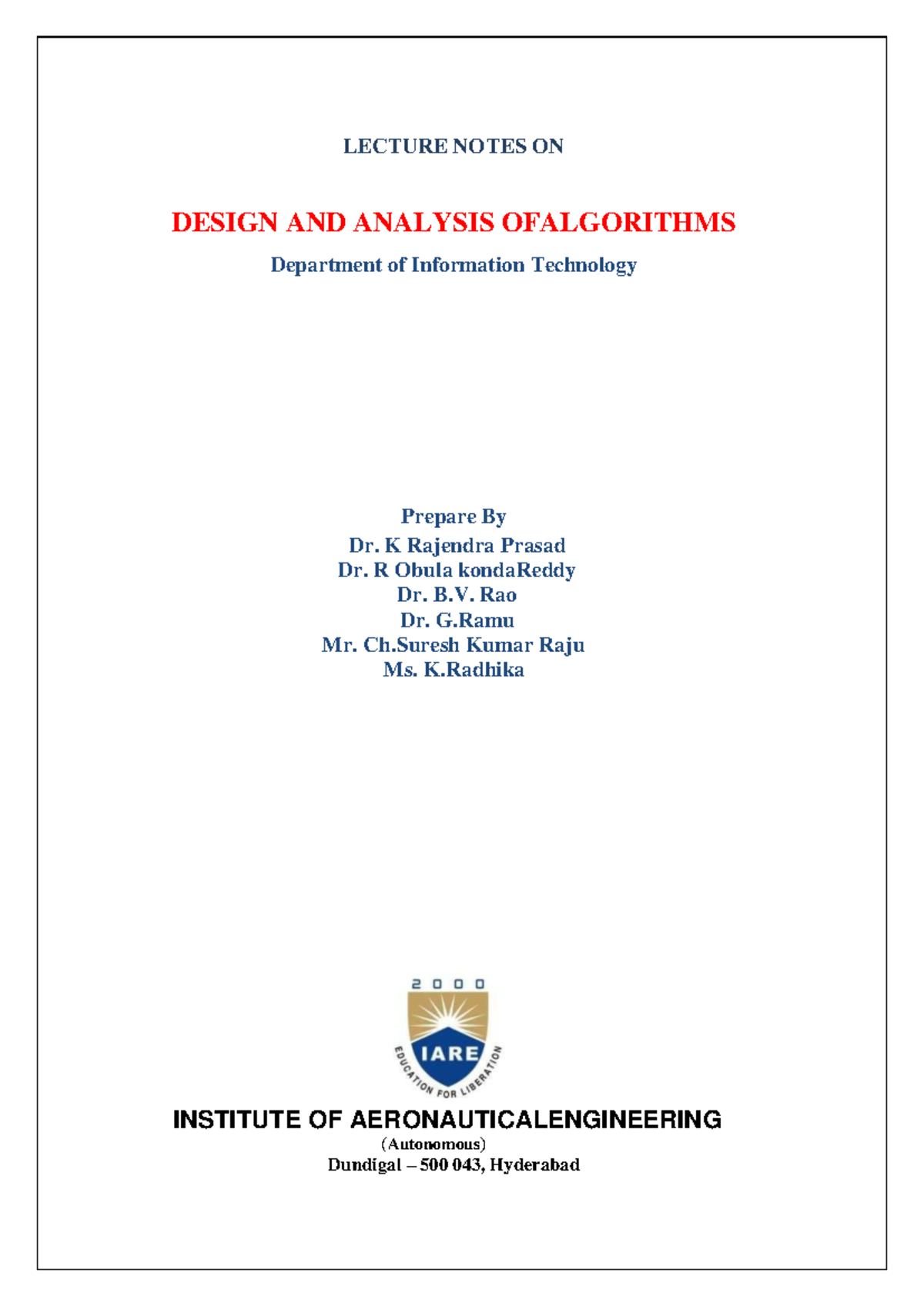 DAA LECTURE NOTES: DESIGN & ANALYSIS OF ALGORITHMS - Studocu