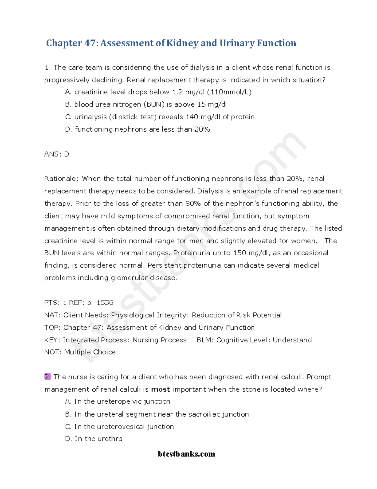 Exam 3 Test Bank: Kidney and Urinary Function Assessment Insights - Studocu