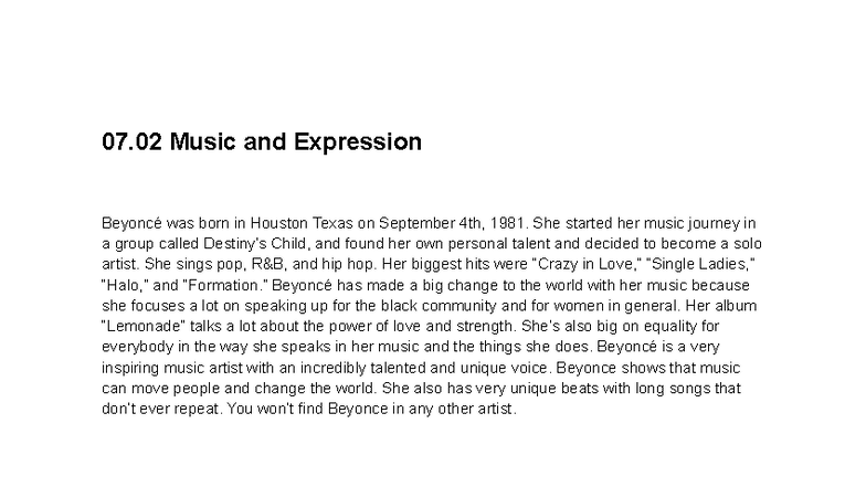07.02 Music and Expression: The Impact of Beyoncé's Artistry - Studocu