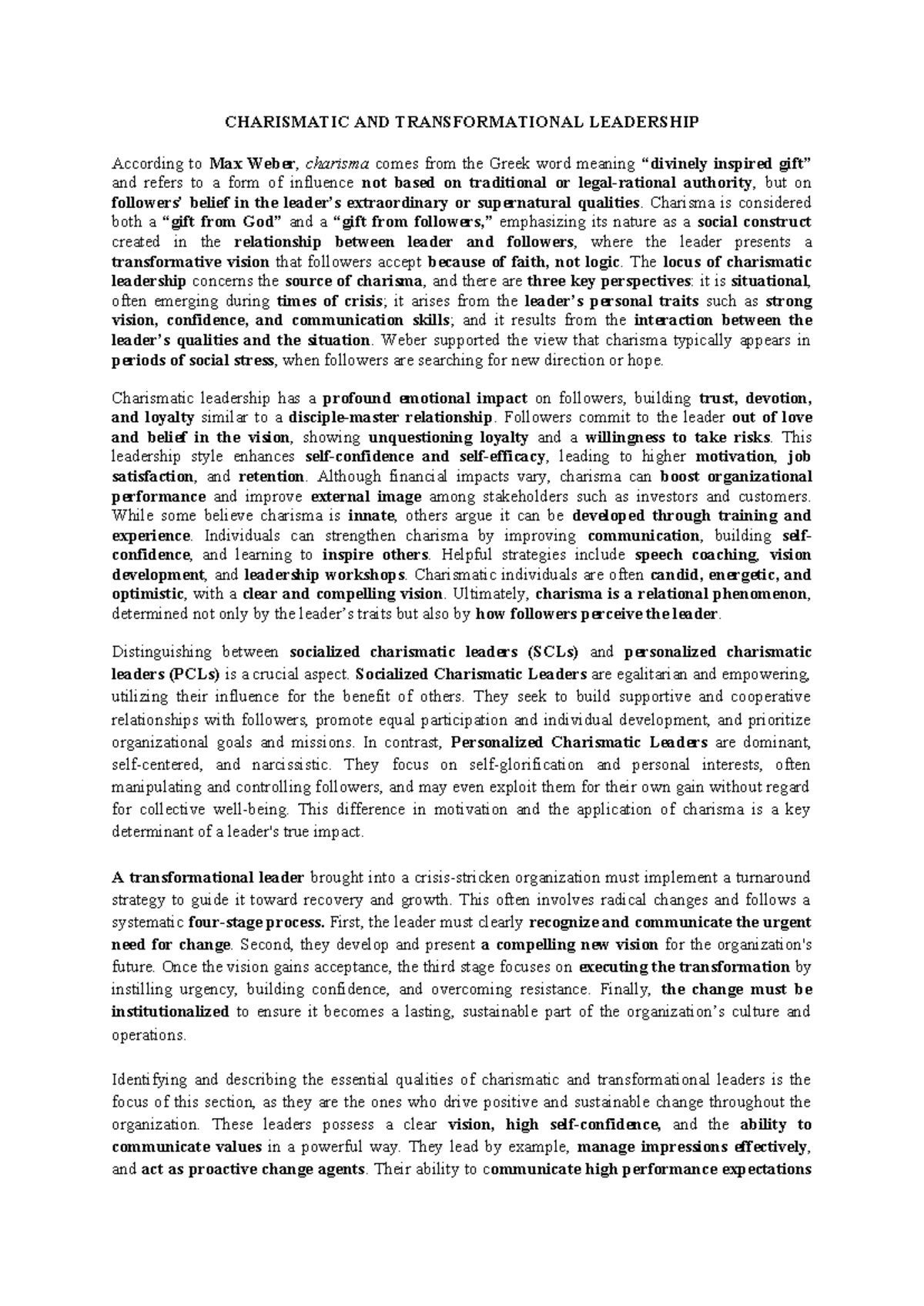 BA098IU - Chapter 9 Summary: Charismatic & Transformational Leadership ...