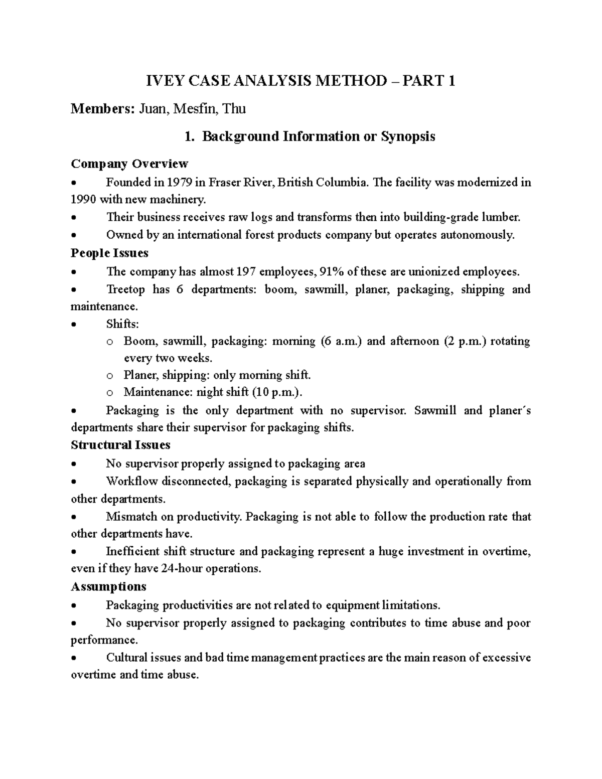 IVEY CASE ANALYSIS METHOD - PART 1: Treetop Packaging Issues - Studocu