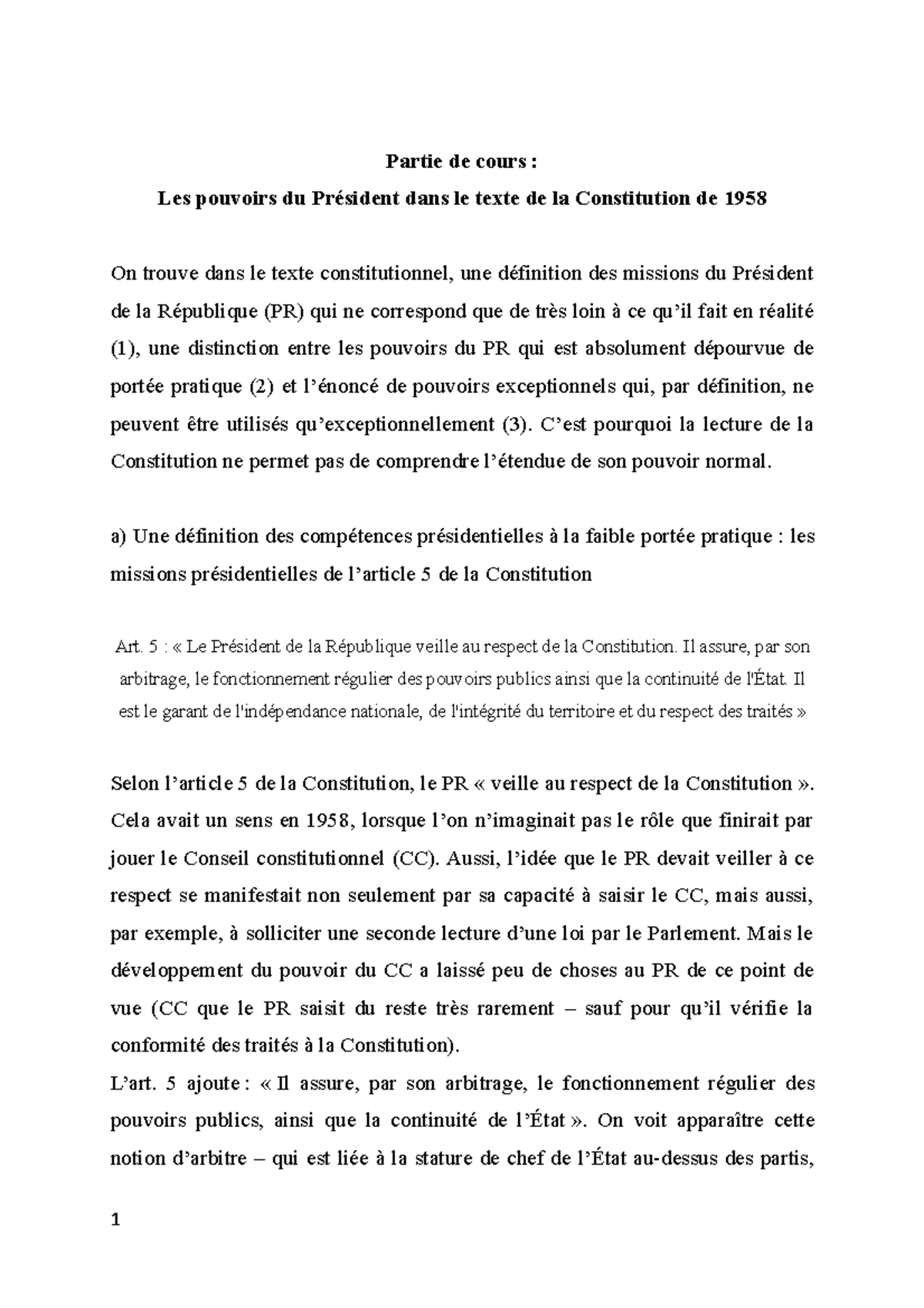 Les Pouvoirs du Président selon la Constitution de 1958 - Cours - Studocu