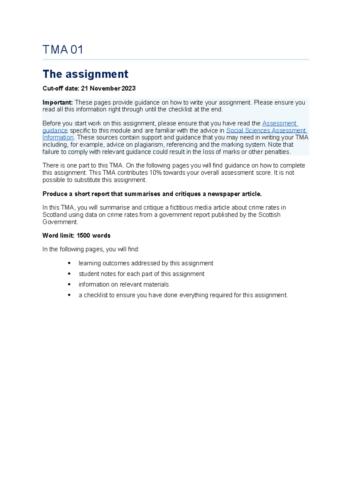 Guidance for Writing TMA 01 Report: Assignment Structure and ...
