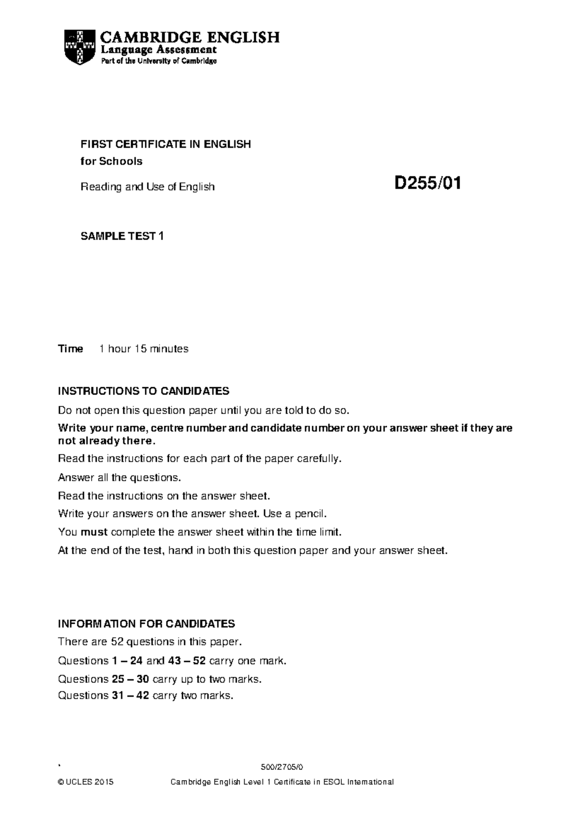 B2 FIRST FOR SCHOOLS READING & USE OF ENGLISH SAMPLE TEST 1 - Studocu