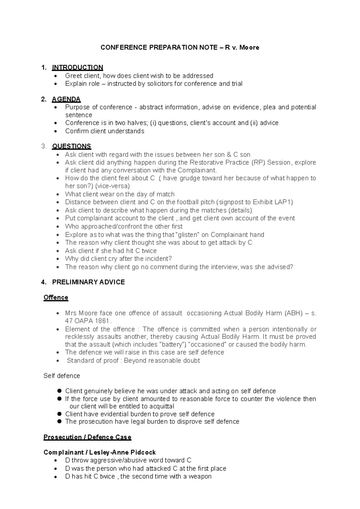 Preparation Notes for Summative Conference - R v. Moore - Studocu