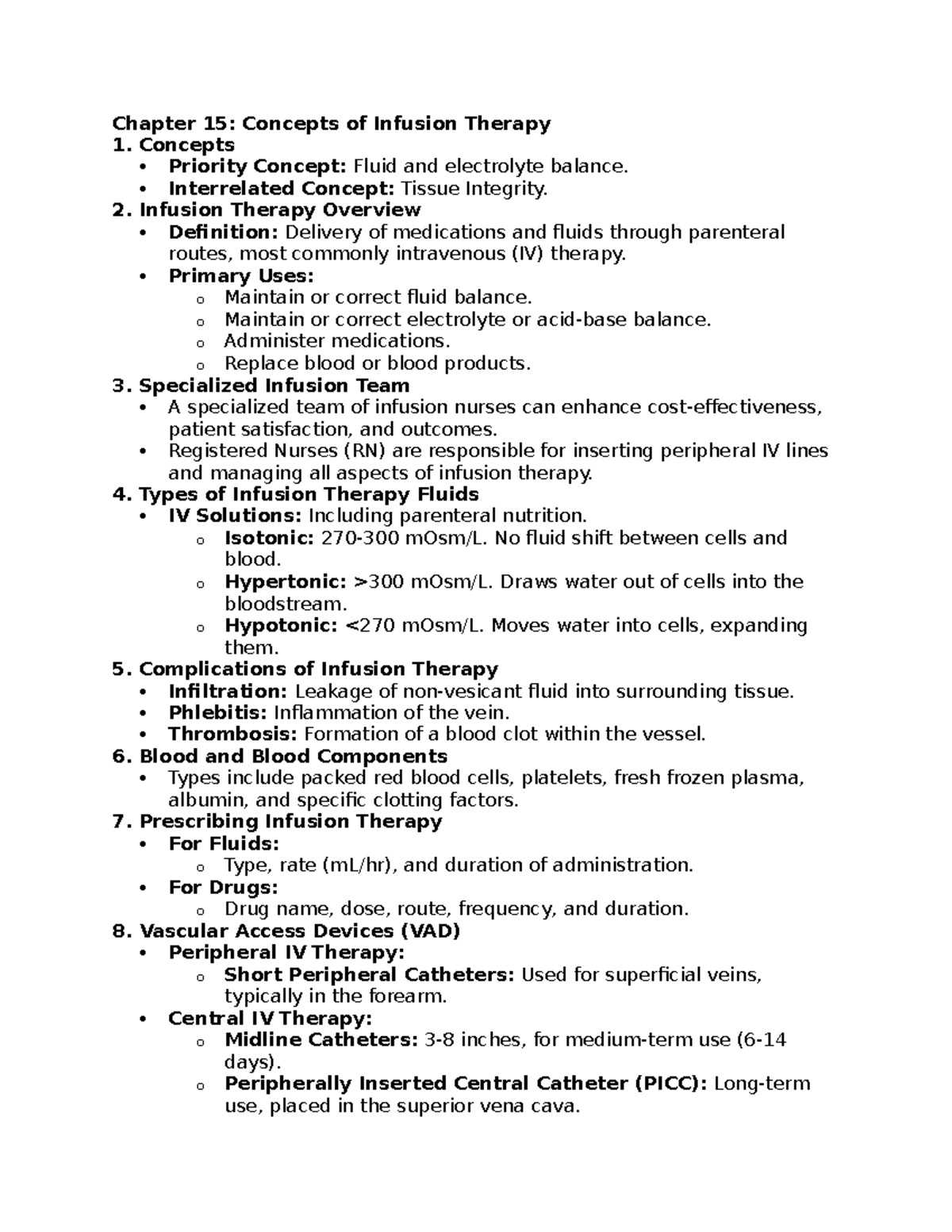 Chapter 15: Comprehensive Overview of Infusion Therapy Concepts - Studocu