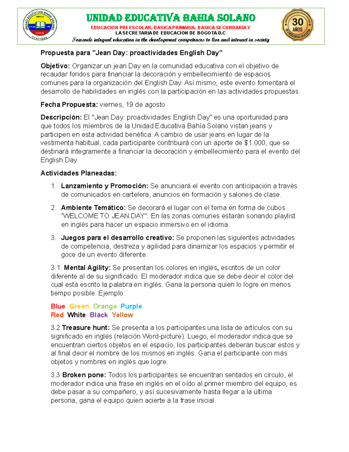 Jean Day Activities: Proactividades/Event for English Day - Studocu