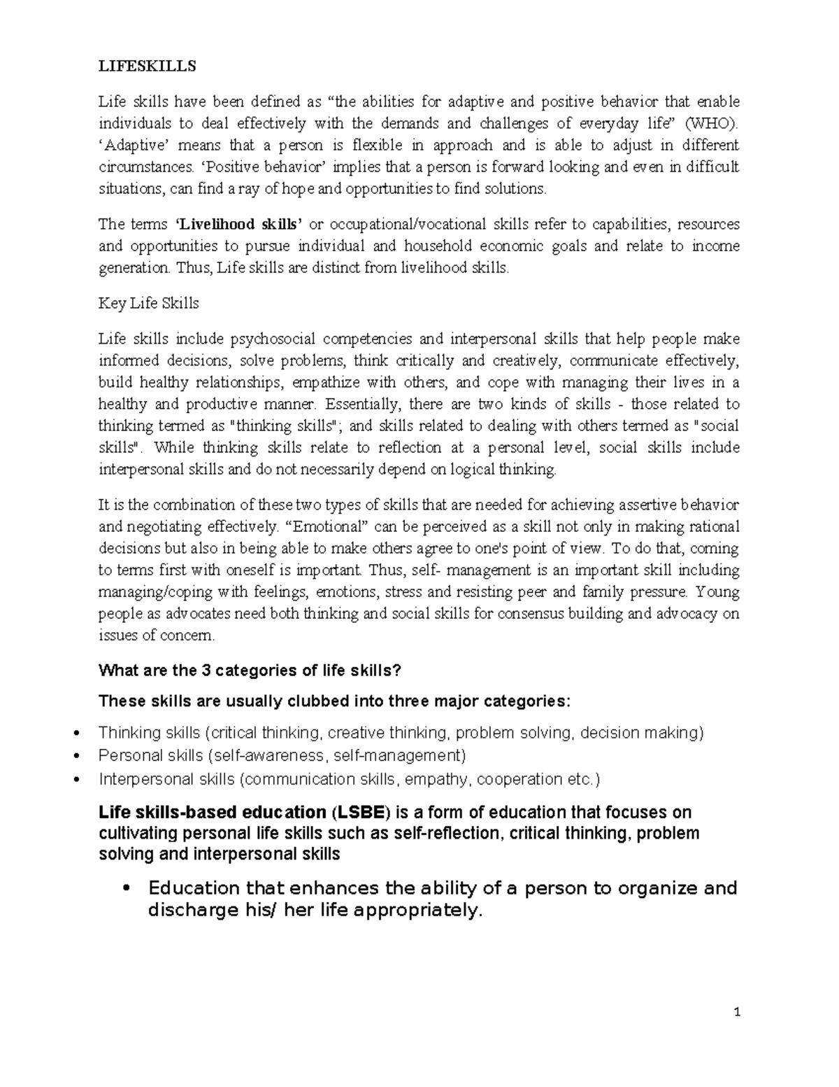 LIFESKILLS (LSBE) Comprehensive Guide to Essential Life Skills - Studocu