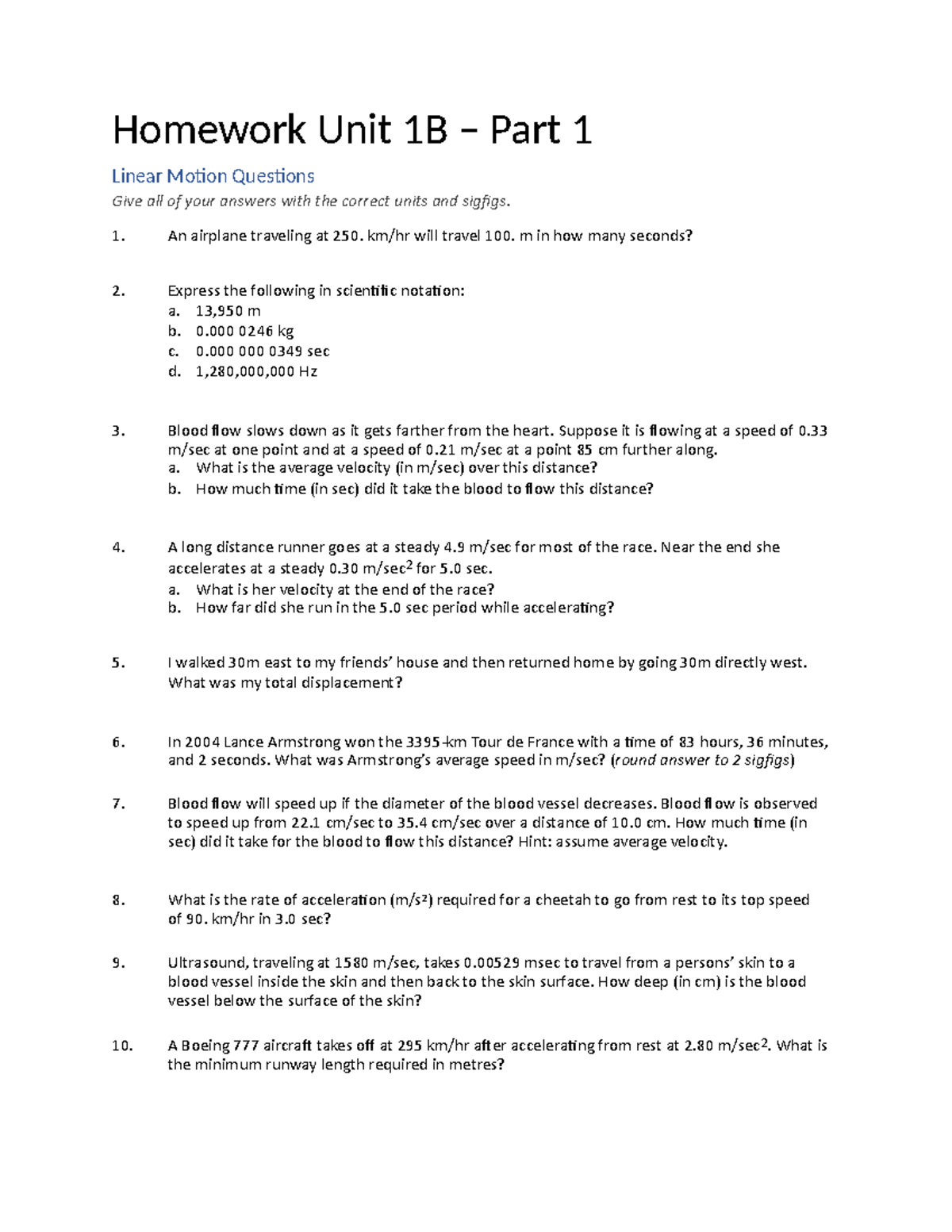 HW 1B - Part 1 - Linear motion - Homework Unit 1B – Part 1 Linear Mo 4 ...