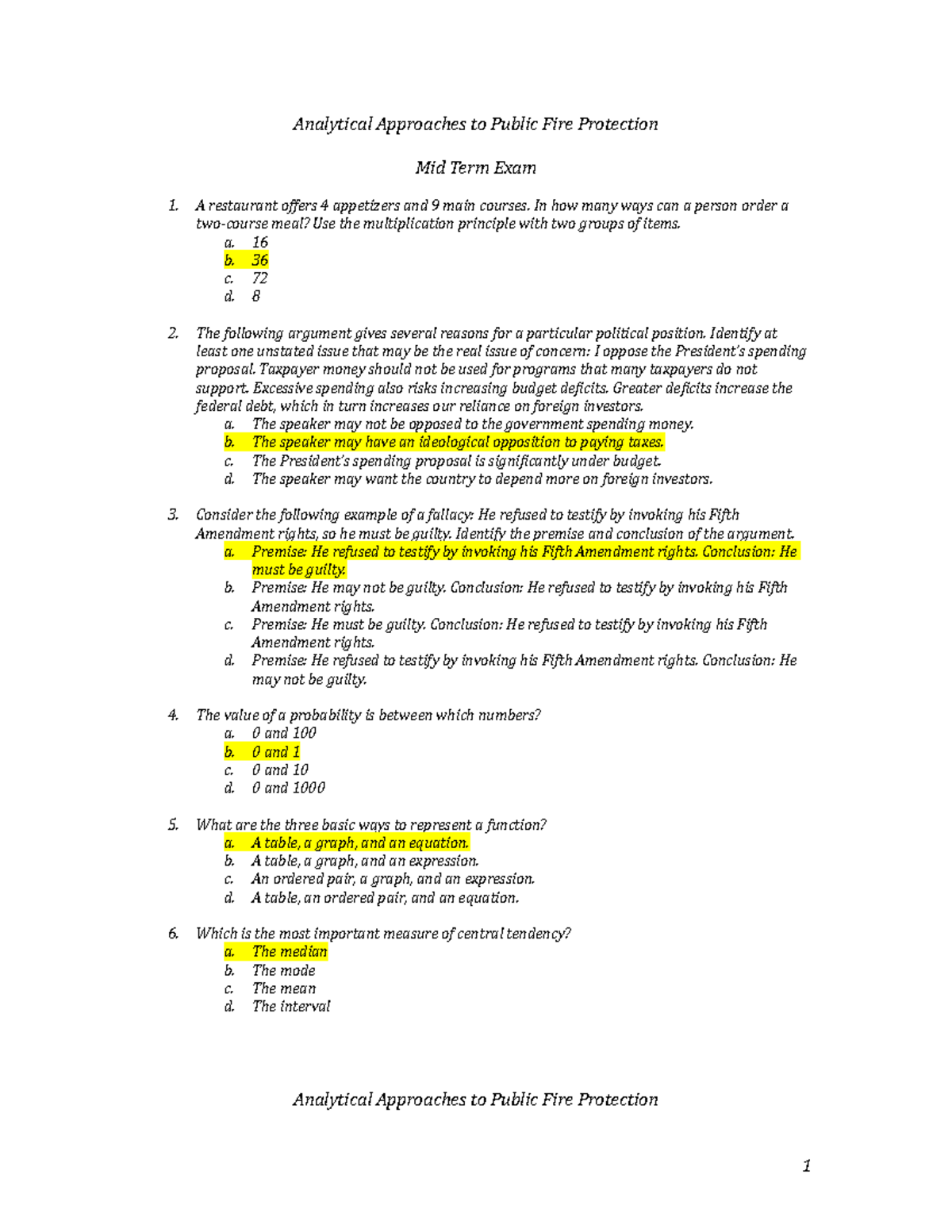 Midterm Exam - Analytical Approaches to Public Fire Protection - Studocu