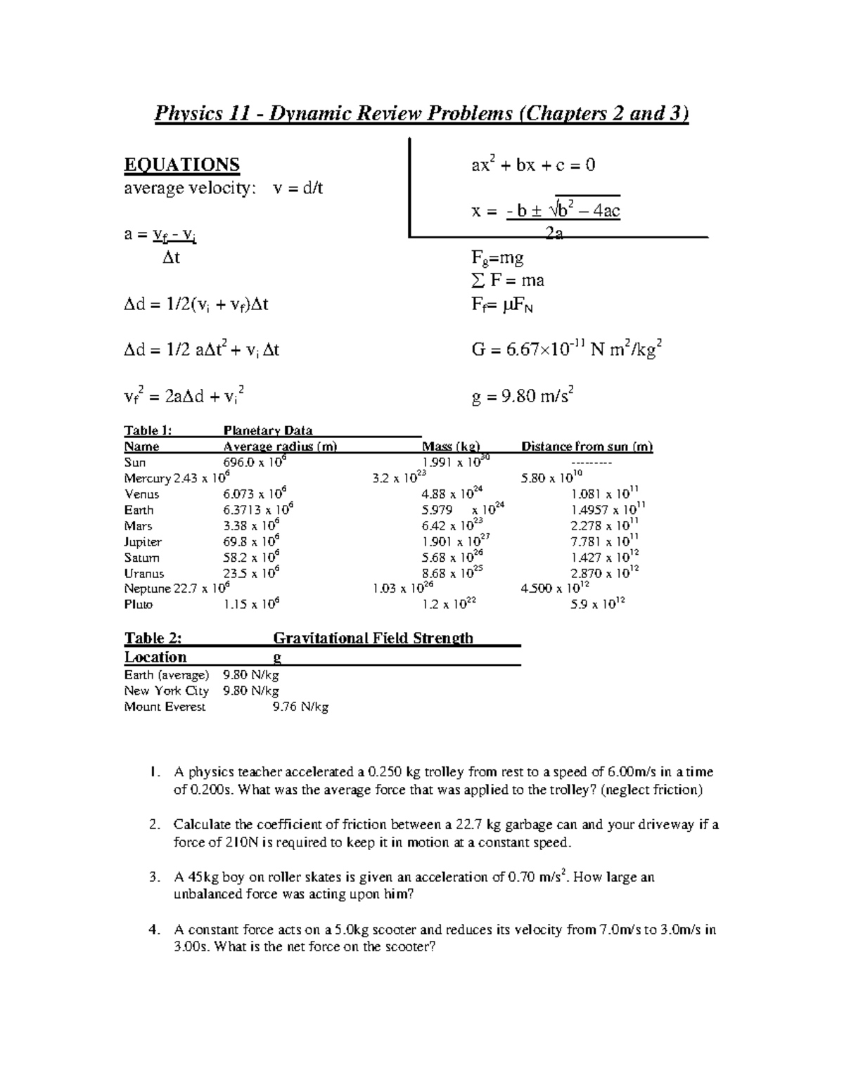 Physics 11 Dynamics Review Problems: Equations & Applications - Studocu