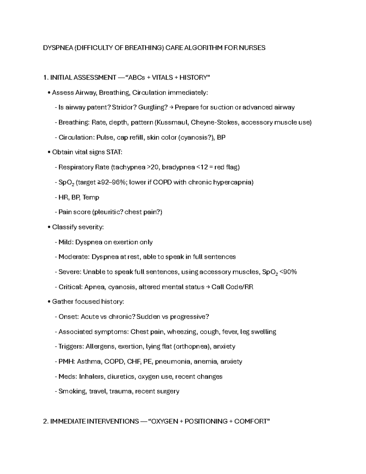 Dyspnea Care Algorithm for Nurses: Initial Assessment & Interventions ...
