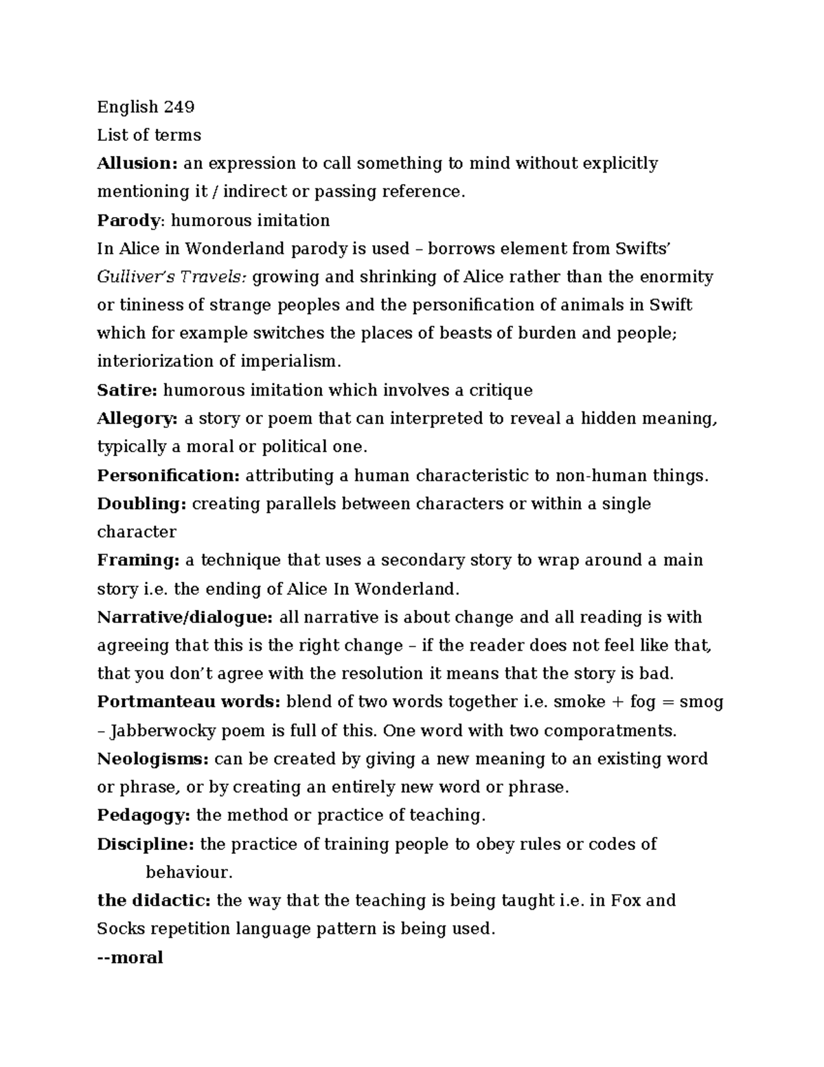 English 249 Final Exam: Key Literary Terms and Concepts - Studocu