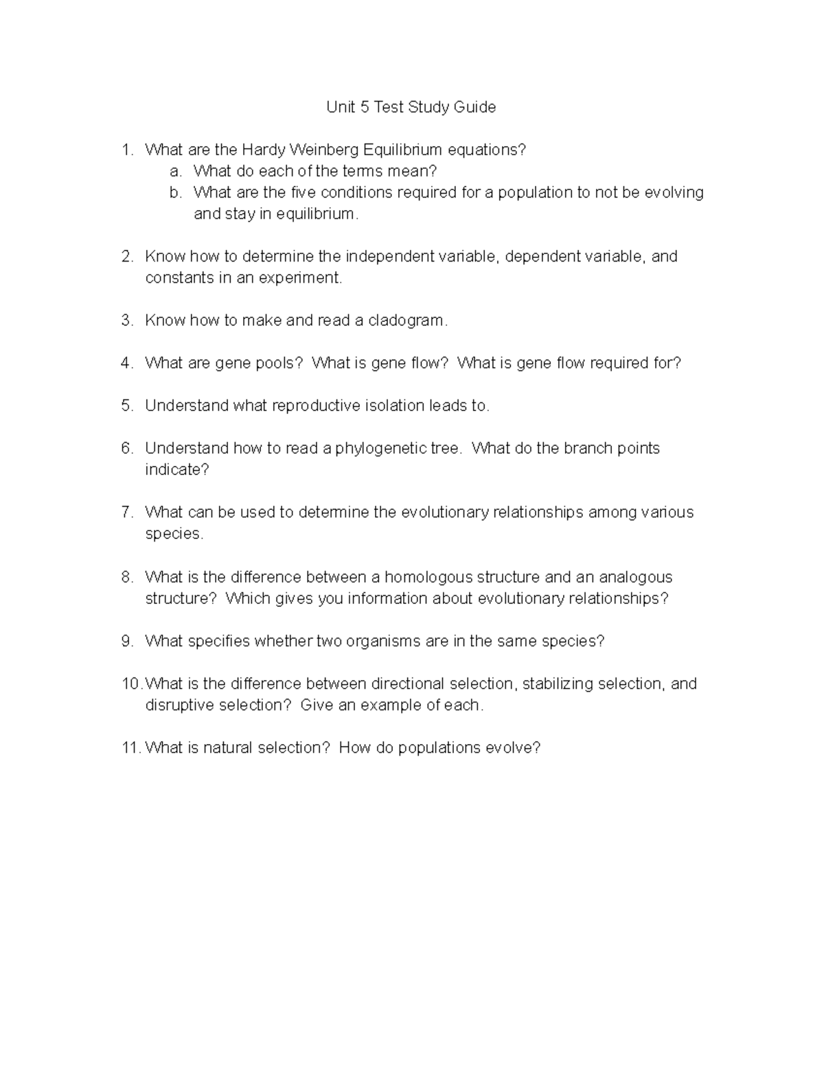 Unit 5 Biology Test Study Guide: Evolution Concepts & Equilibrium - Studocu