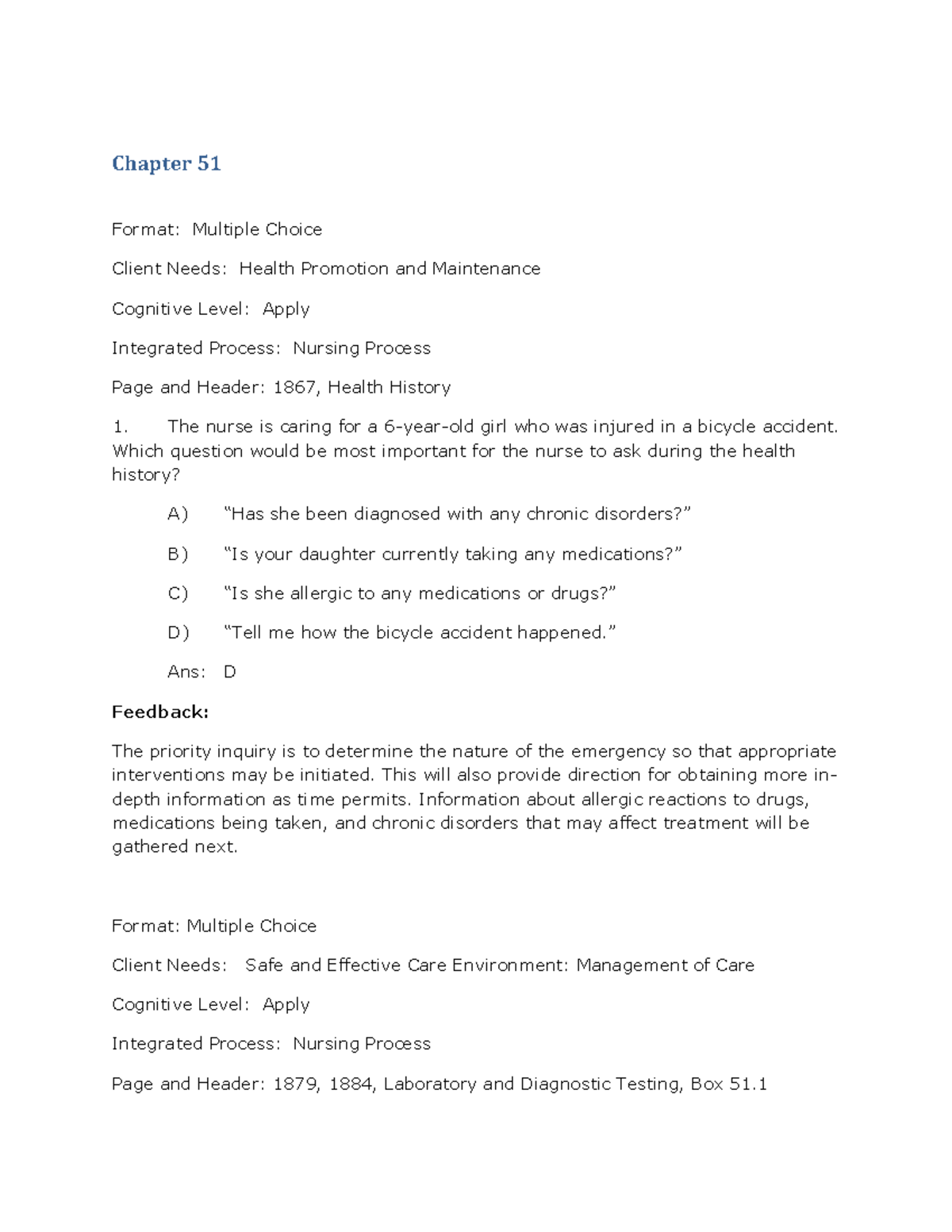 Chapter 51 - Nursing Test Bank with Multiple Choice Questions - Studocu