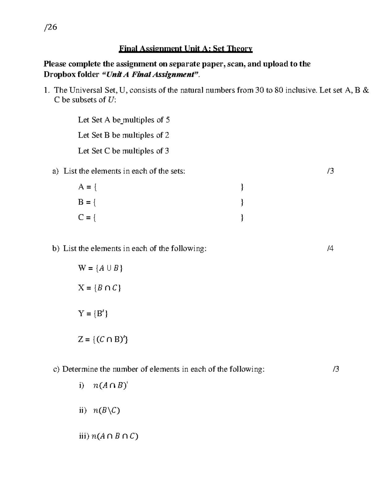 Set Theory Final Assignment Unit A: Exploring Sets and Venn Diagrams ...