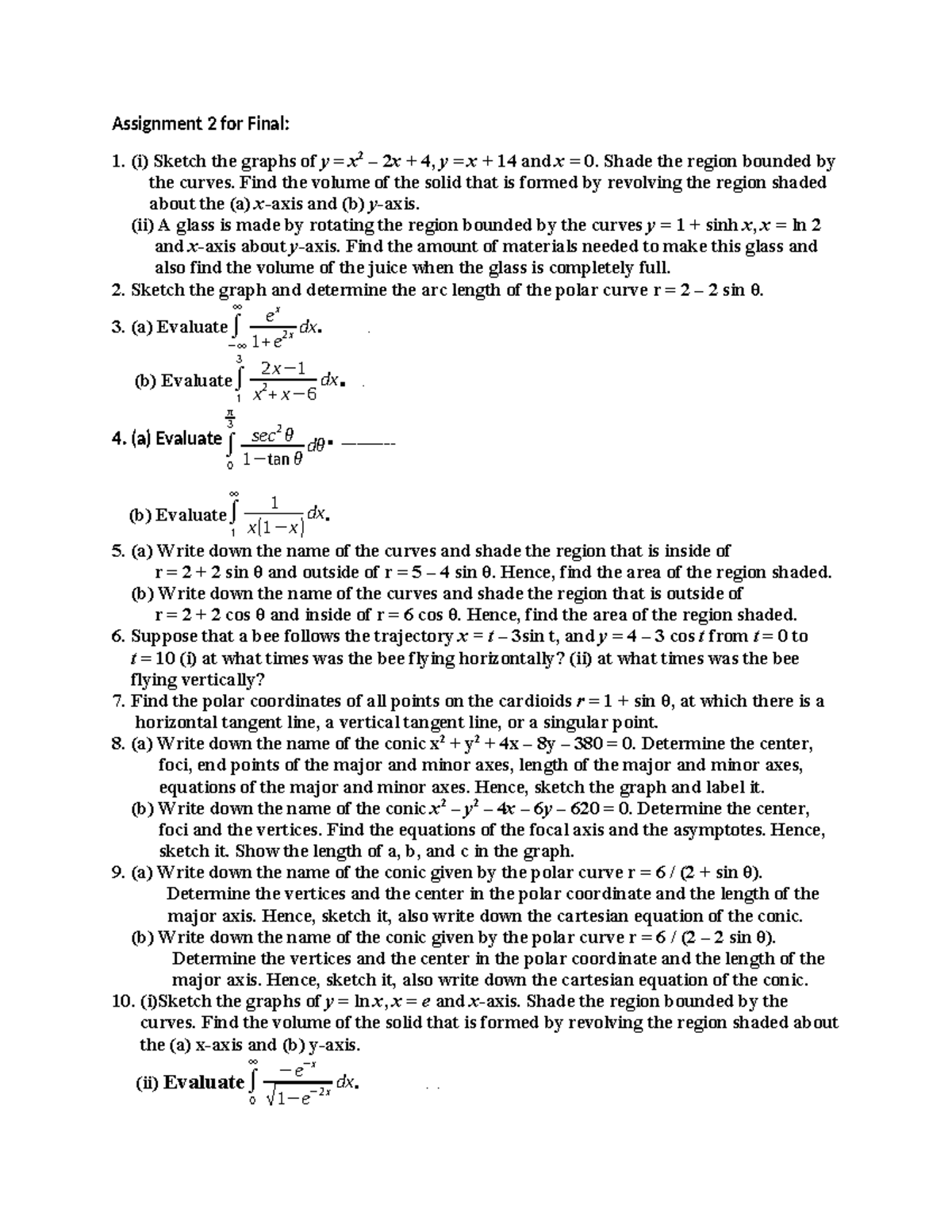 Assignment 2 for Final: Practice Problems on Integration and Graphs ...