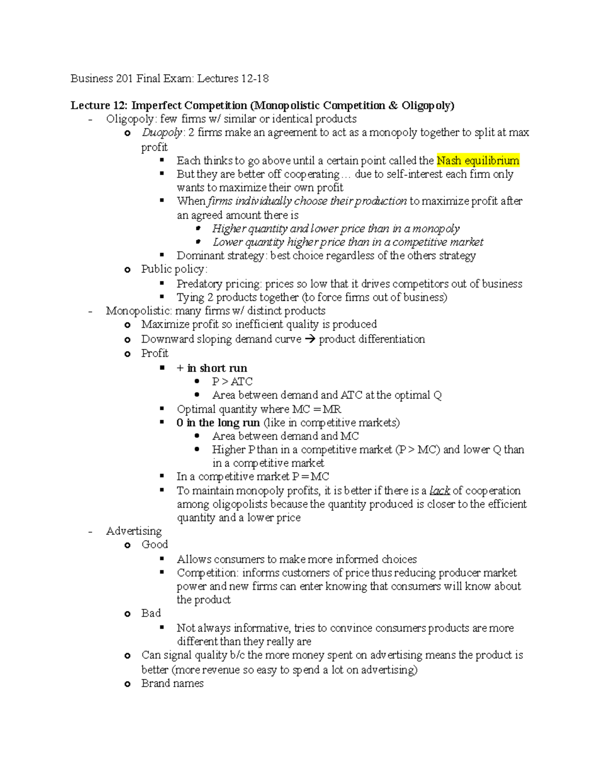 Business 201 Final Exam Study Guide: Key Concepts from Lectures 12-18 ...