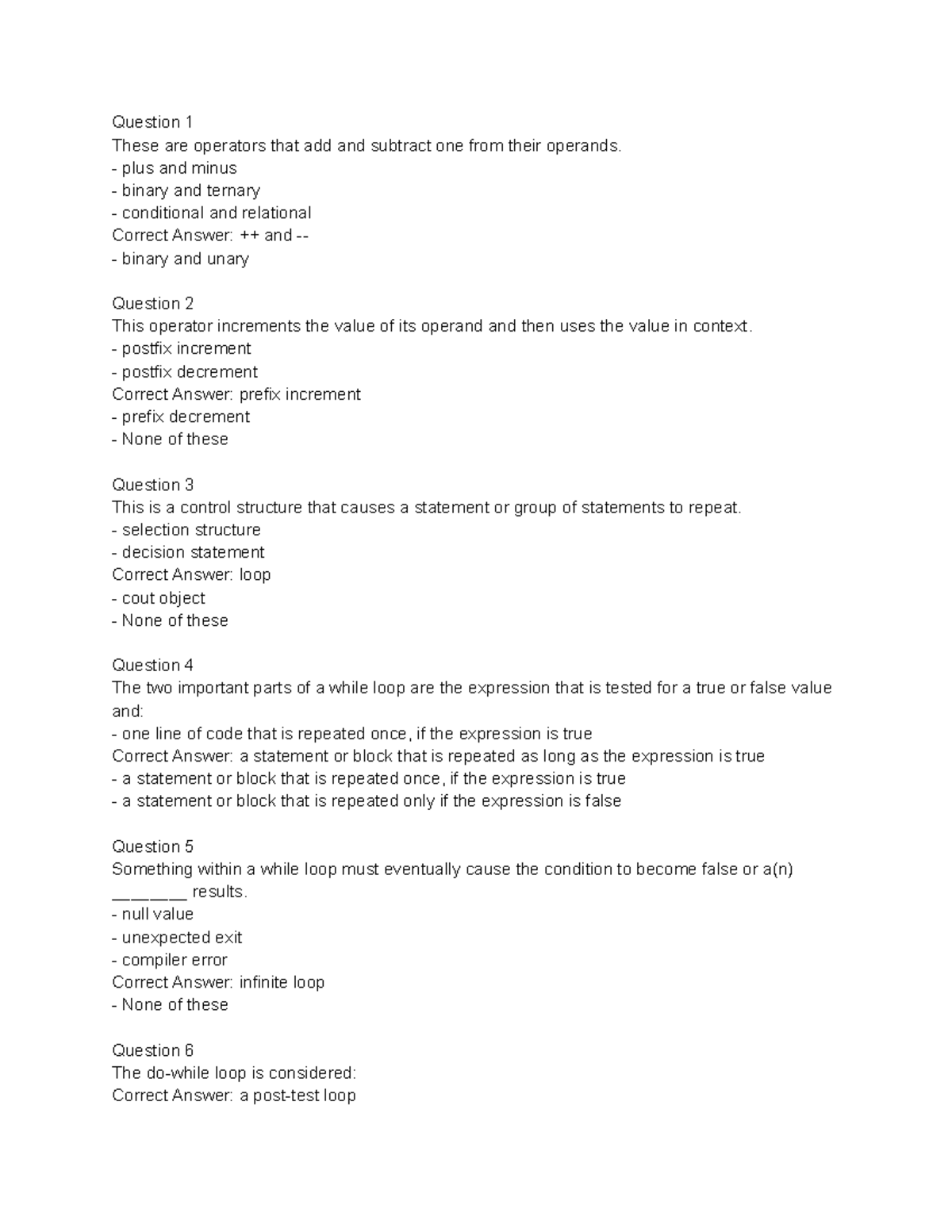 Programming Operators and Control Structures: Quiz Notes (CSE101 ...