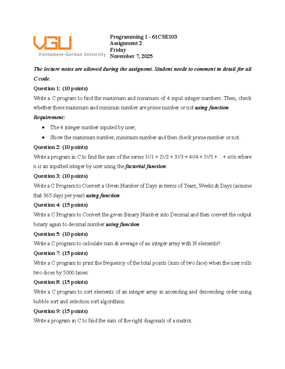 Programming 1 61CSE103 Quiz 2 - C Programming Assignments 2025 - Studocu