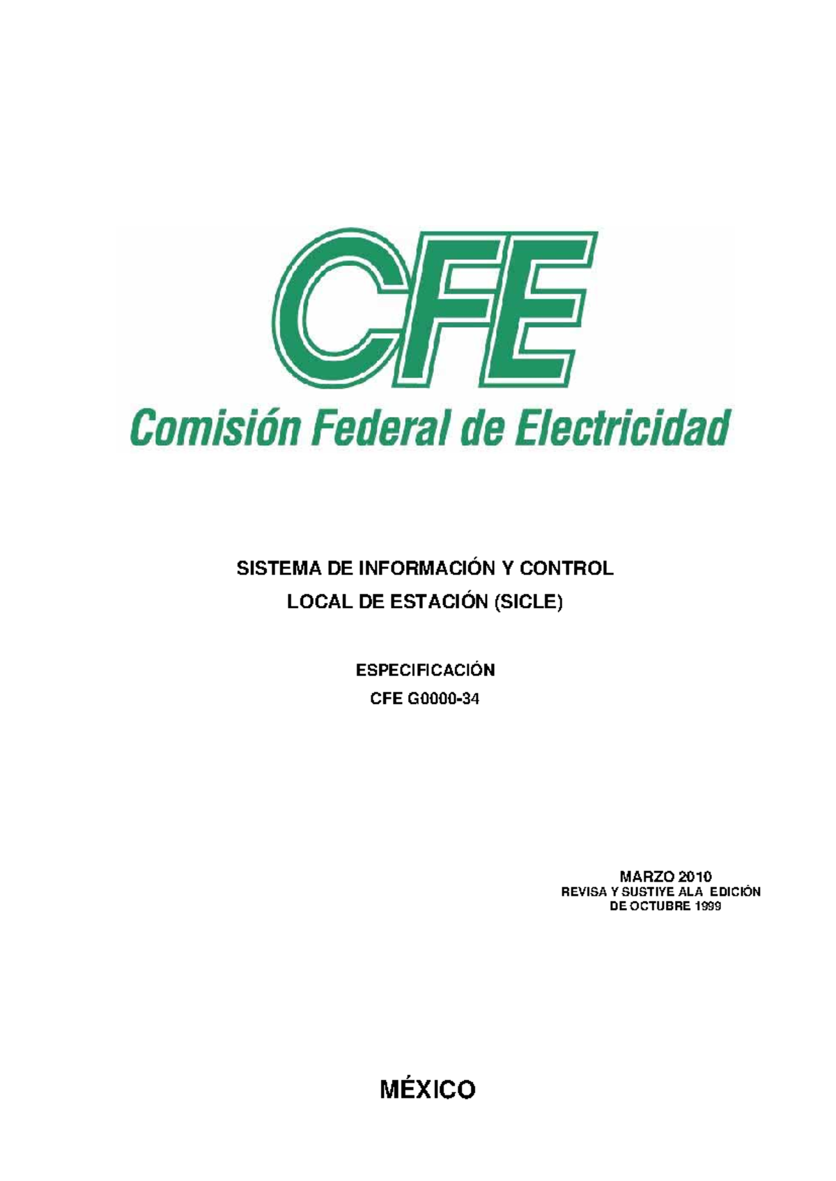CFE G0000-34 - Especificación para el Sistema SICLE de Información y Control - Document Preview