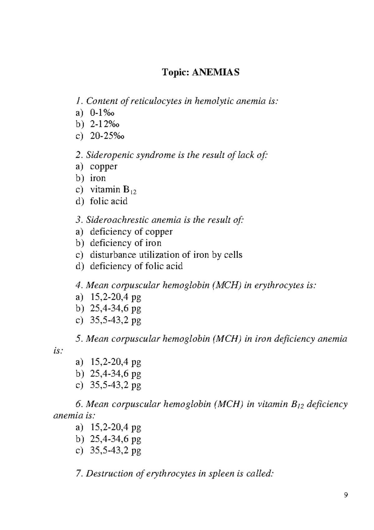 Anemia MCQs - Pathology Practice Questions for Exam Preparation - Studocu