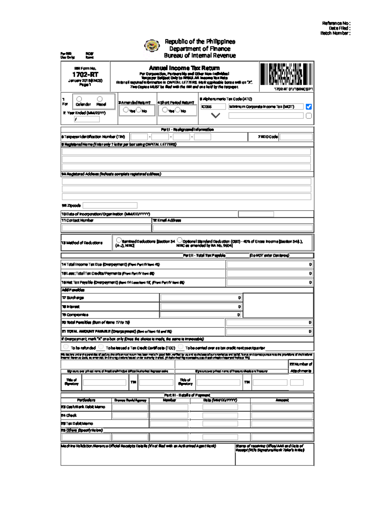BIR Form 1702-RT Annual Income Tax Return Guidelines (Jan 2018) - Studocu