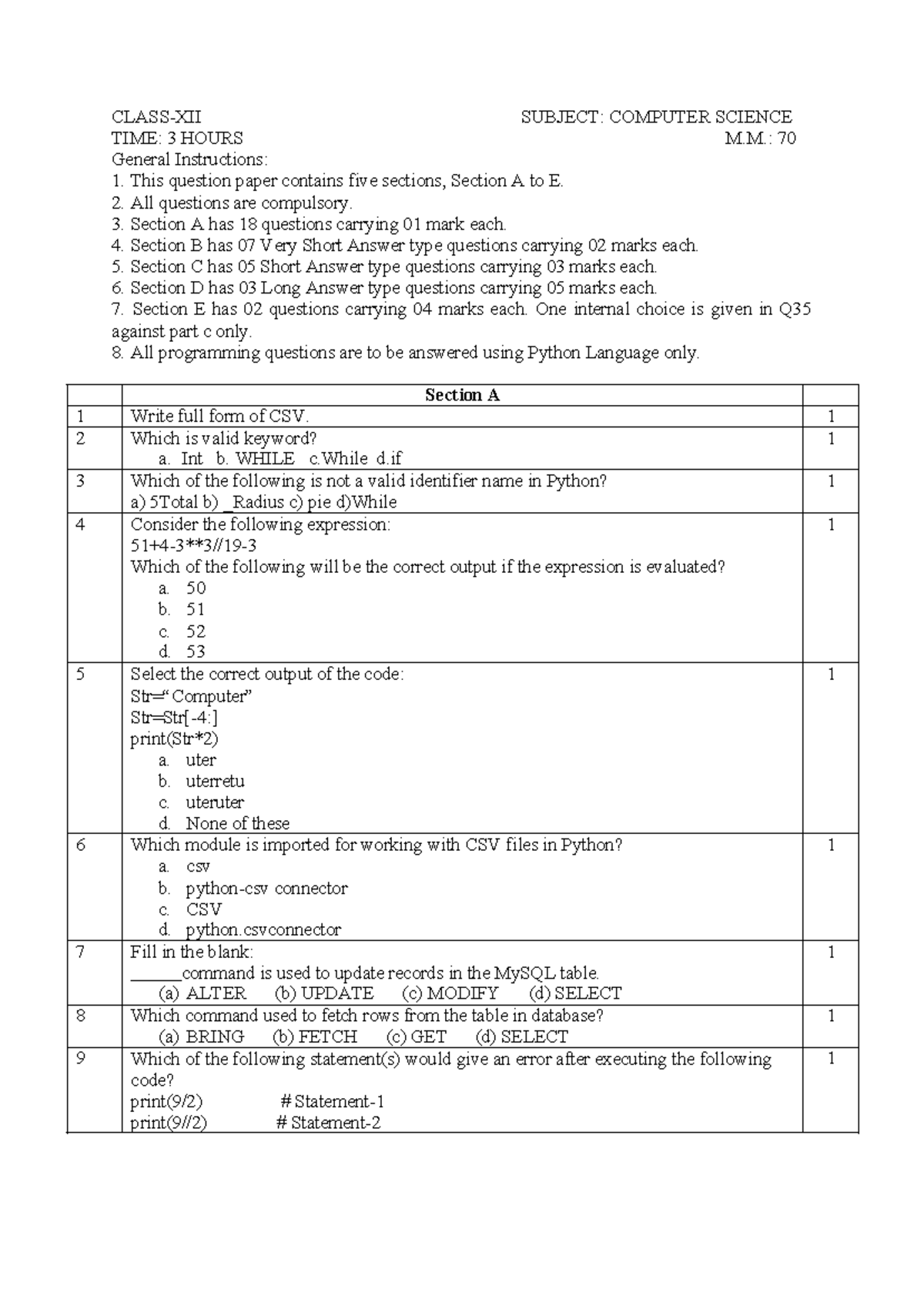 1st Paper - important - CLASS-XII SUBJECT: COMPUTER SCIENCE TIME: 3 ...