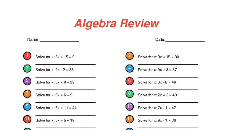 Algebra Review (Course Code: ALG101) - Practice Problems & Solutions ...
