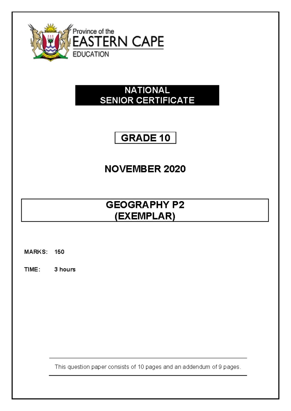 Geography P2 Grade 10 November 2020 Exemplar Question Paper - Studocu