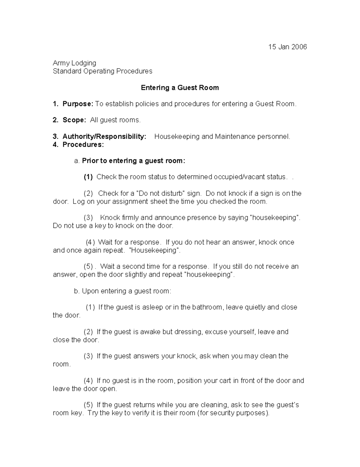 Army Lodging SOP: Entering a Guest Room Procedures - Studocu