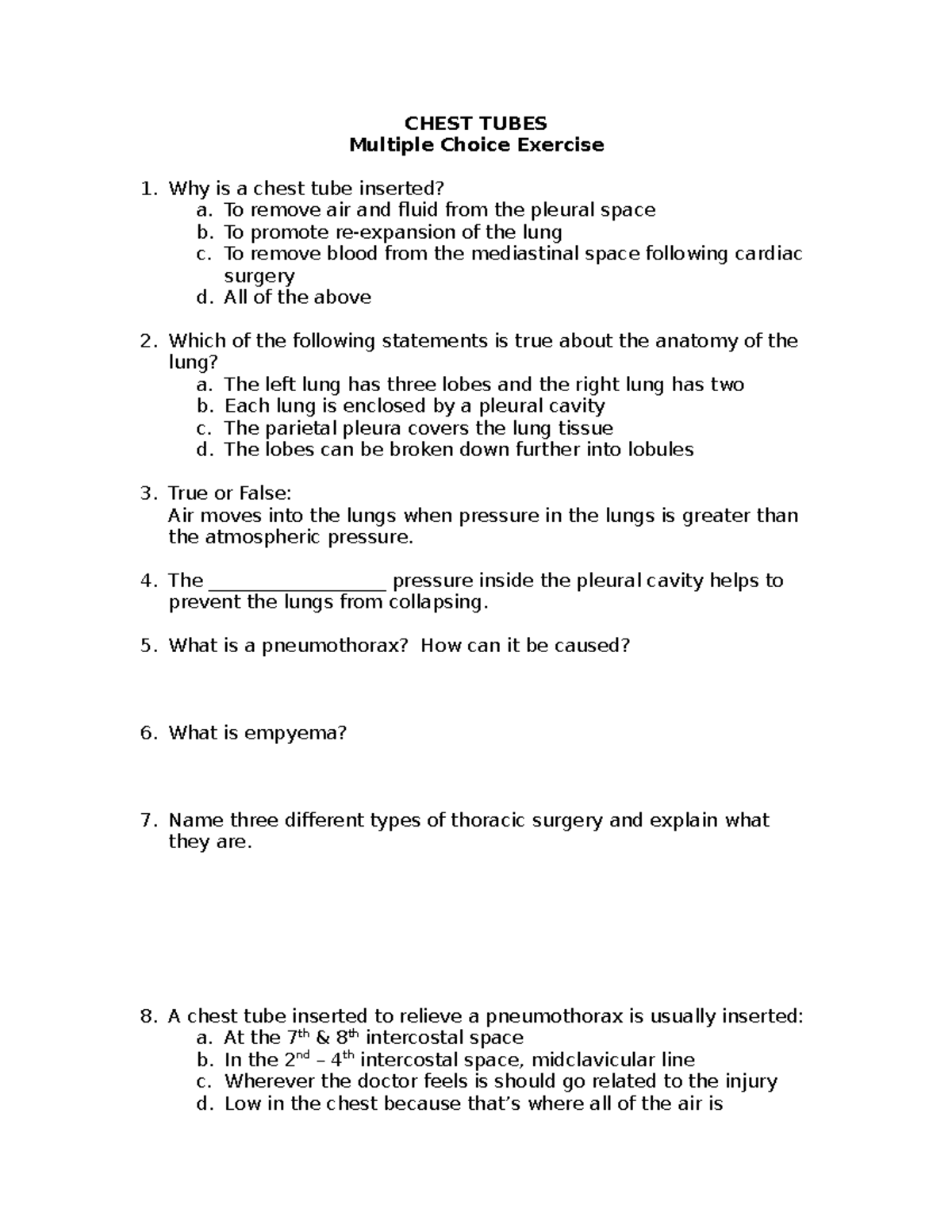 CHEST TUBES MCQ Review for Nursing Exam (NUR 101) - Studocu