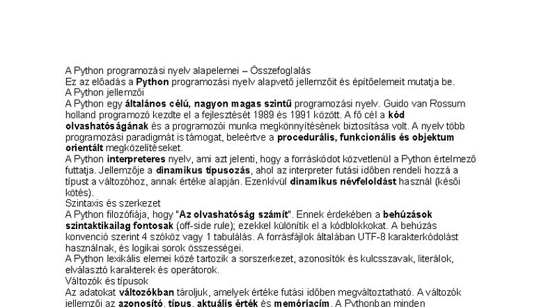 Python Programozási Nyelv Alapjai - Összefoglaló - Studocu