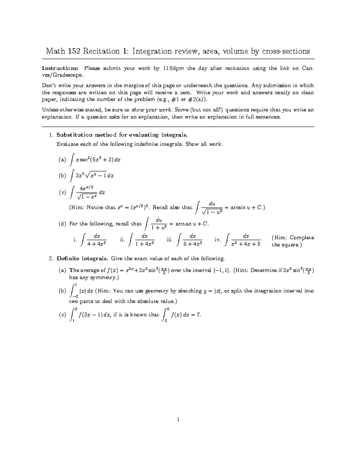 Math 152 Recitation 1: Integration Techniques & Area/Volume Review ...
