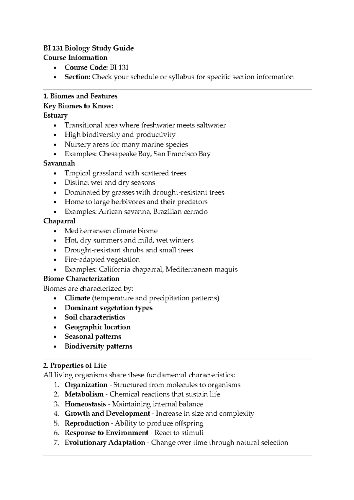 BI 131 Biology Final Exam Study Guide: Key Concepts and Themes - Studocu