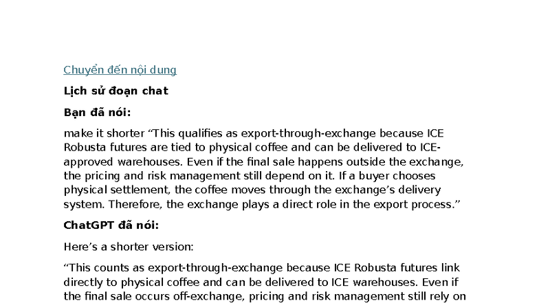 Lịch sử đoạn chat về ICE Robusta và NYMEX Crude Futures - Studocu