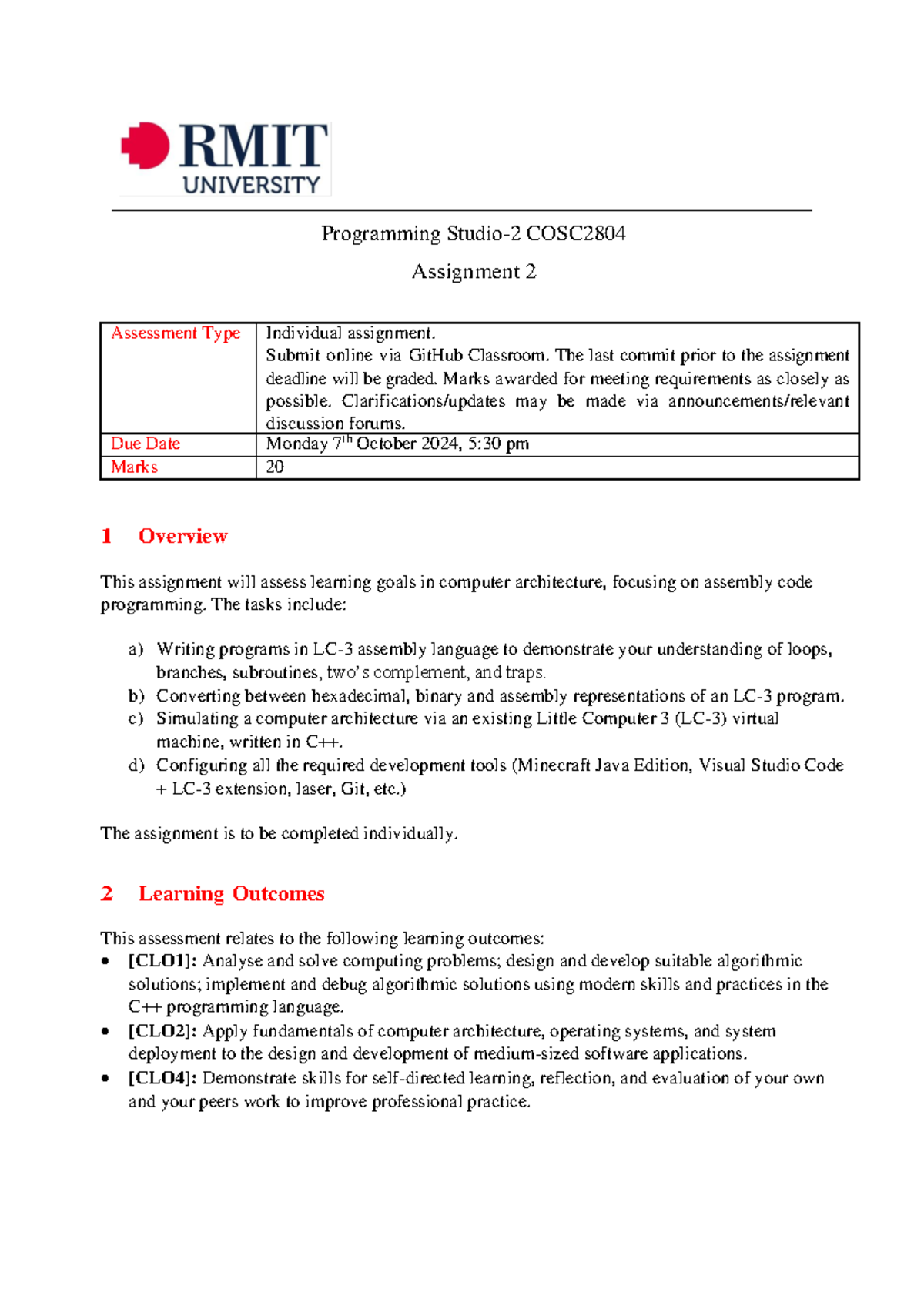 COSC2804 Programming Assignment 2: Assembly Code & Minecraft ...