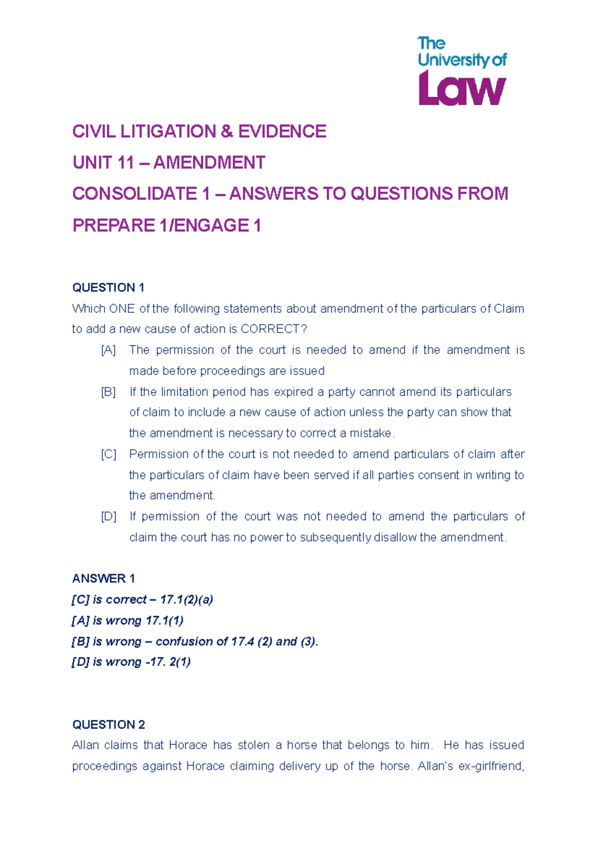 BPC - Civil Litigation - Unit 11 Consolidated Q&A on Amendments - Studocu