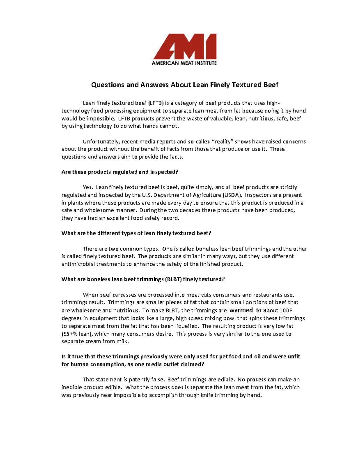 Questions and Answers on Lean Finely Textured Beef (LFTB) - FINAL - Studocu