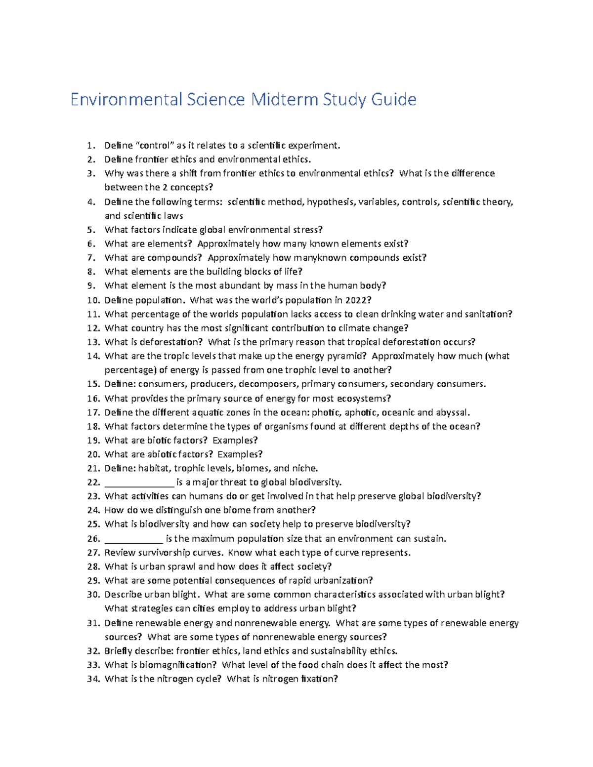 Environmental Science Midterm & Final Exam Study Guide - Studocu