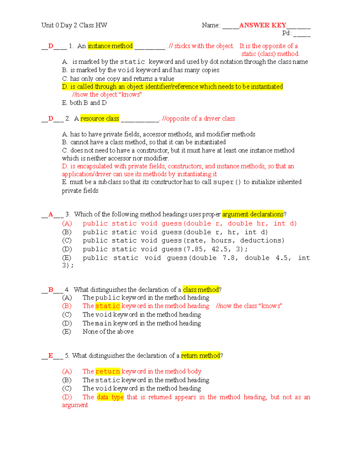Java Methods and Class Structures - Unit 0 Day 2 Class HW Answers - Studocu