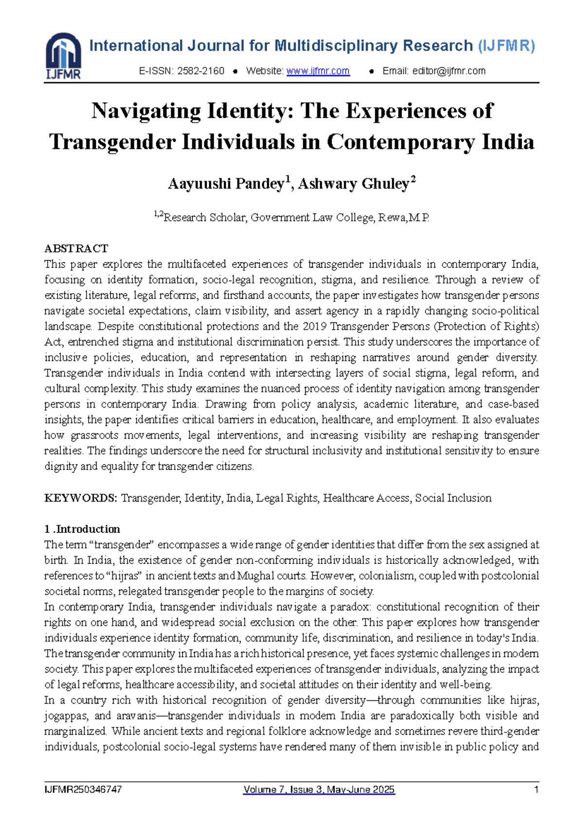 Navigating Transgender Identity in Contemporary India: IJFMR Insights ...