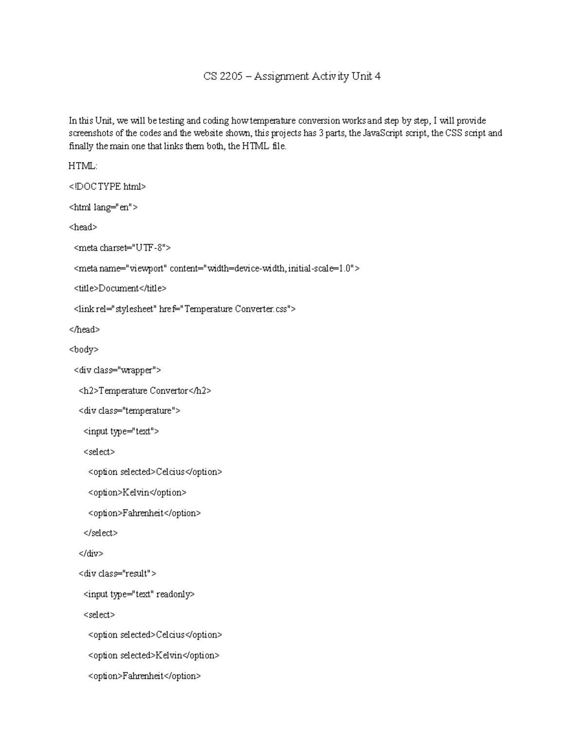 CS 2205 - Temperature Conversion Coding Assignment Unit 4 - Studocu