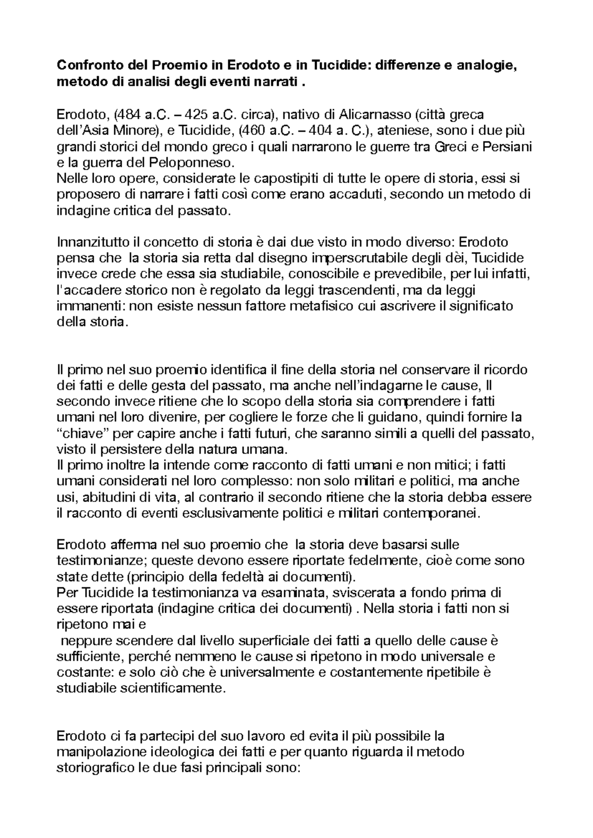 Confronto del Proemio: Erodoto vs Tucidide - Storia e Metodologia - Studocu