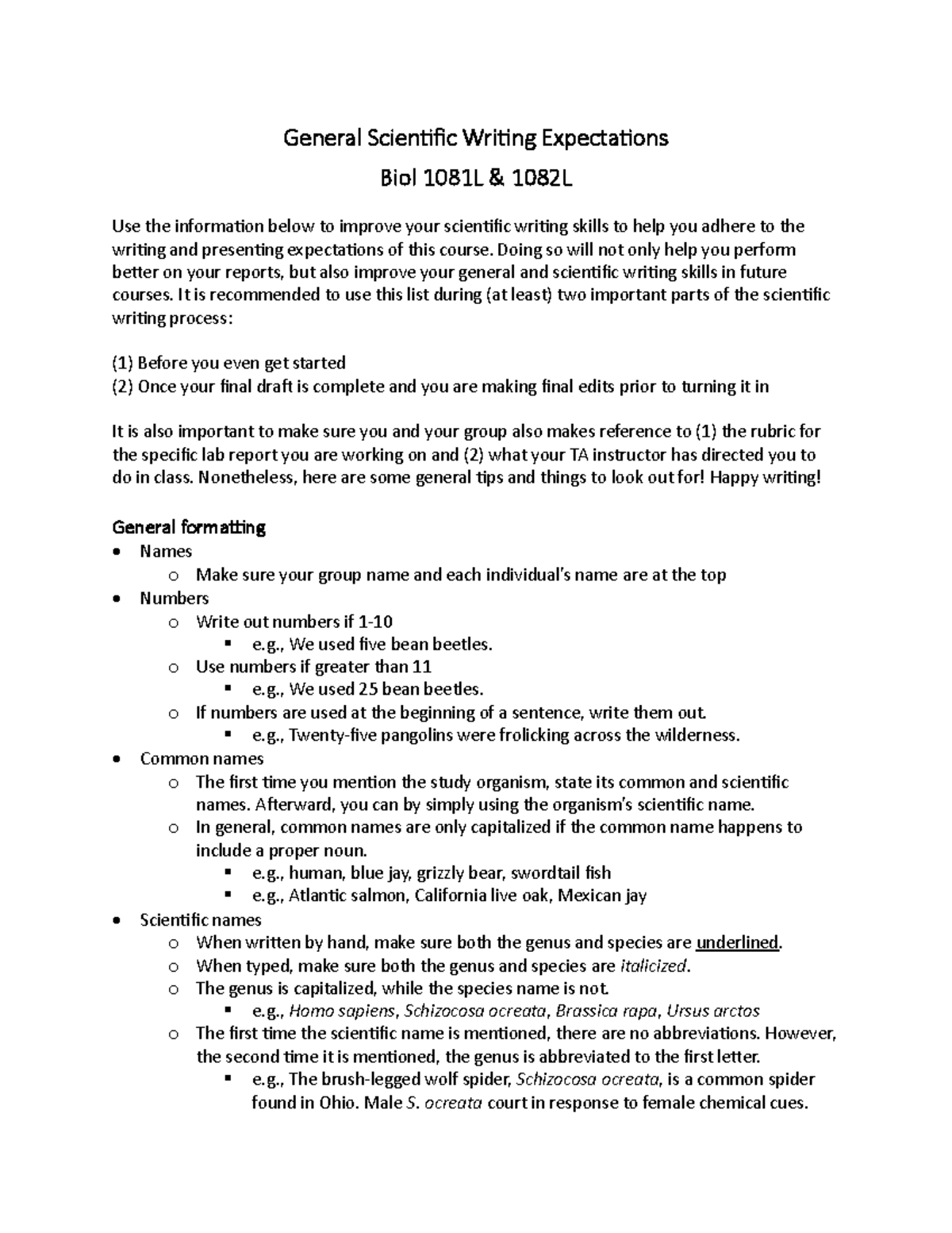 General Scientific Writing Guidelines for Biol 1081L/1082L - Studocu