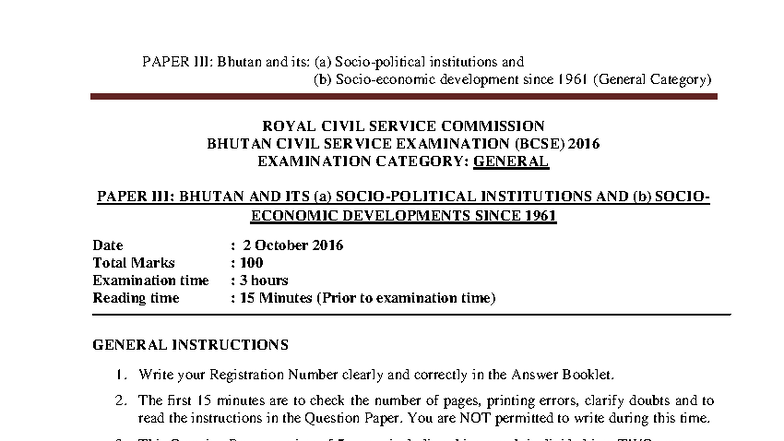 BCSE 2016 General Paper: Bhutan's Institutions & Socioeconomic ...