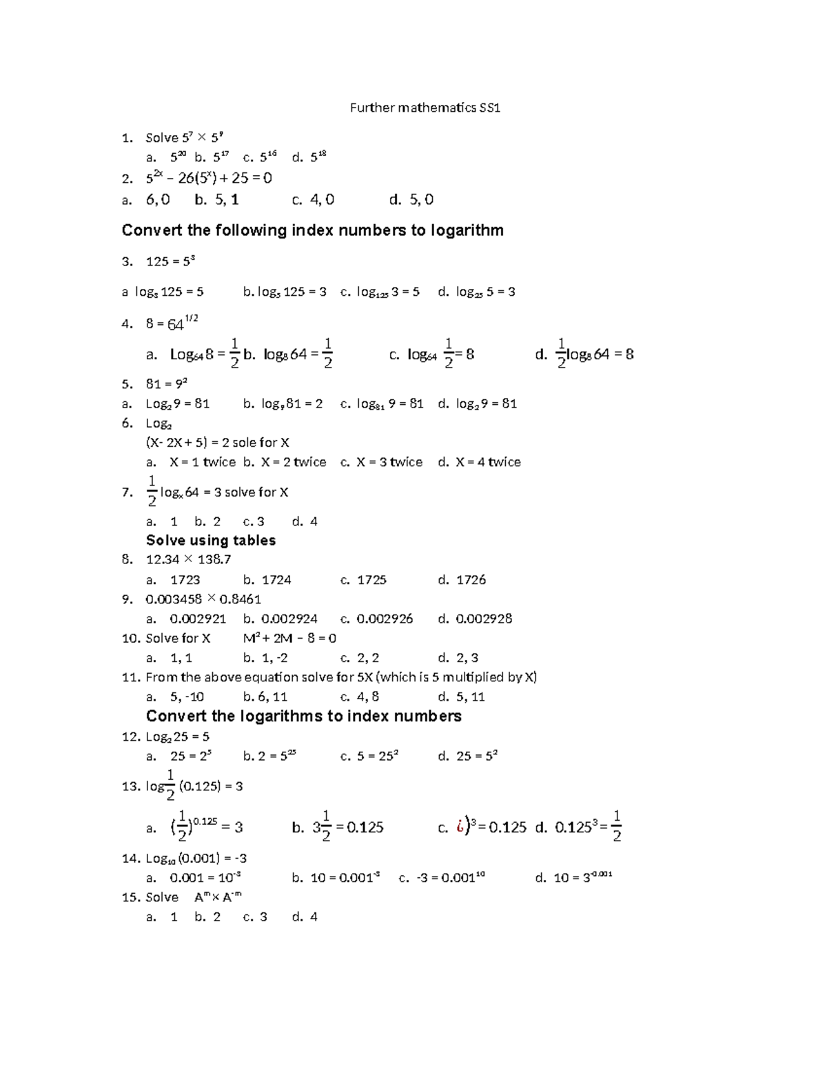 Further Mathematics SS1: First Term Exam Solutions - Studocu
