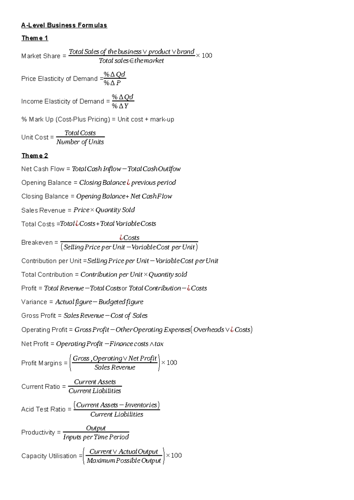 A-Level Business Formulas: Market Share, Cash Flow & Profit Analysis ...